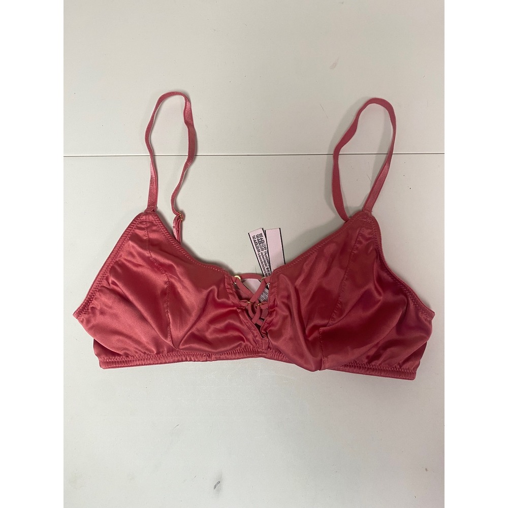 Victorias Secret Rose Pink Satin Lace Up Front Bralette Small S